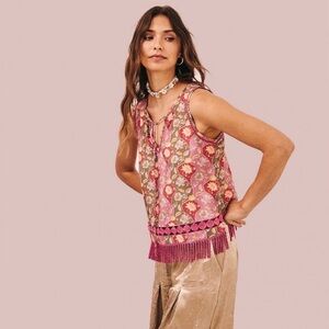 NWT NKN Nekane Rita Floral Sleeveless Tank Top with Fringe Trim